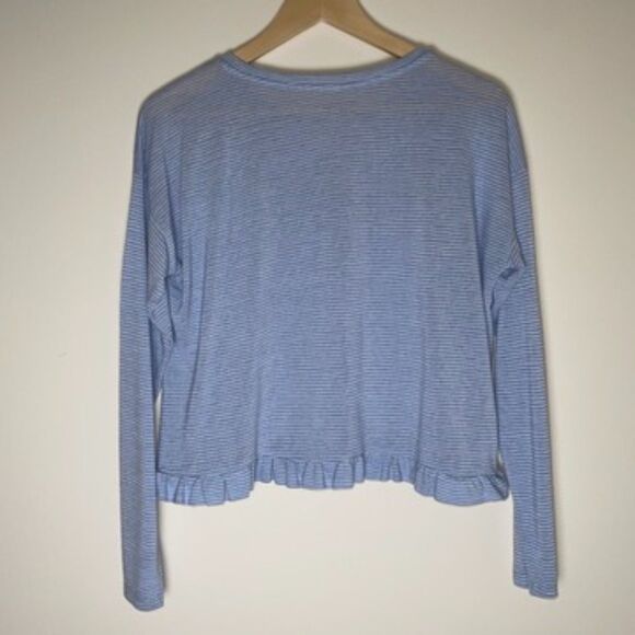 Loft | Blue and White Stripe Ruffle Top | Medium - Picture 3 of 7